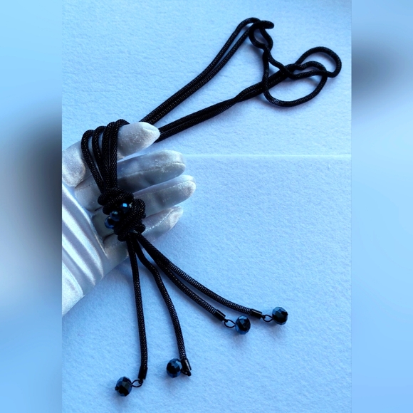 Long Necklace Thick Chain Linked Multi-Tone Black Dangle Crystal Strands - Picture 3 of 10